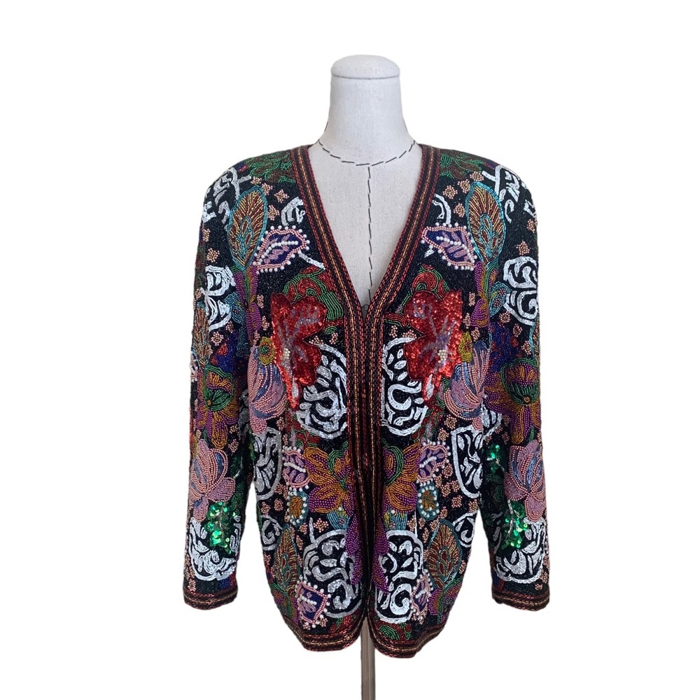 Rare Vintage 80s 90s Diane Freis Beaded Colorful Floral Evening Jacket